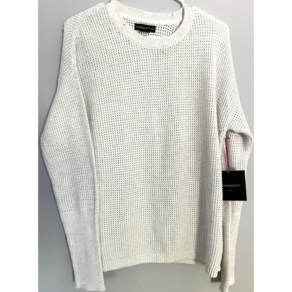Cynthia Rowley Sweater Womens L Ivory Waffle Knit Crewneck Pullover Side Zip NWT